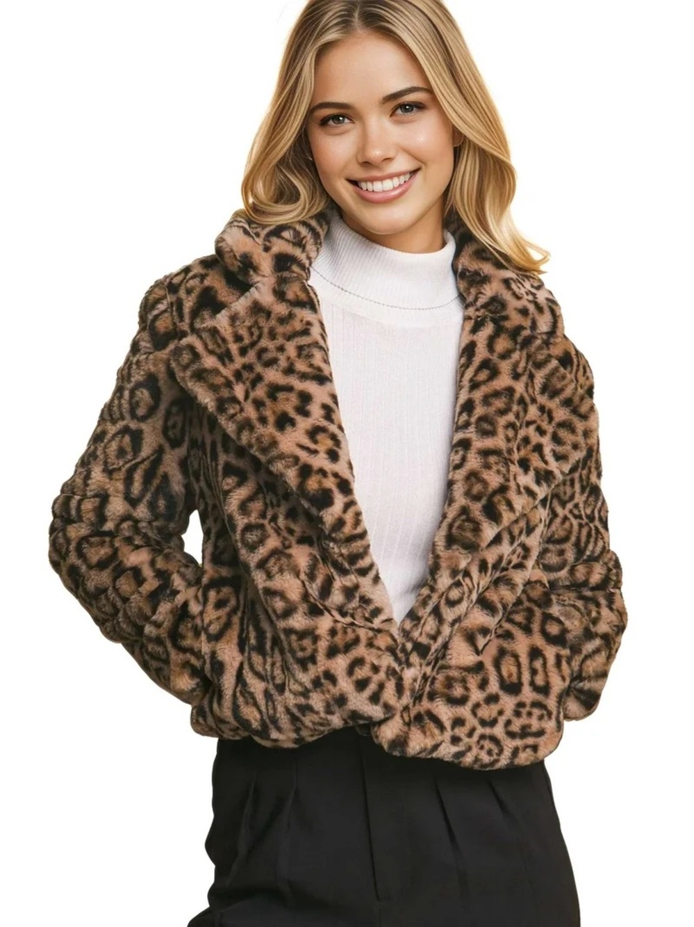Love Tree Women's Juniors Faux Fur Cropped Leopard Coat